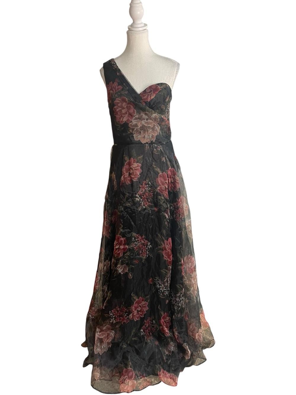 Lulus Truly Extraordinary One-Shoulder Organza Maxi Dress Black Floral